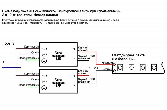 Схема подключения светодиодной ленты 24В с двумя блоками питания 12В